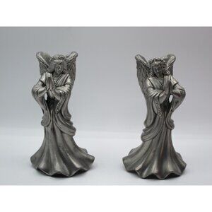 Pewter Praying Angel Candlestick Holders 7" Set of 2 Heavy Christmas Vintage
